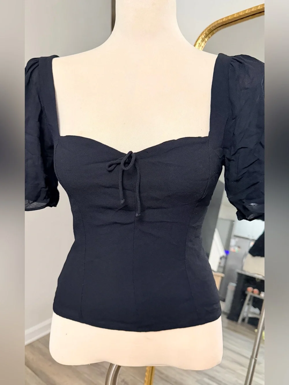 Reformation Black Square Neck Puff Sleeve Blouse